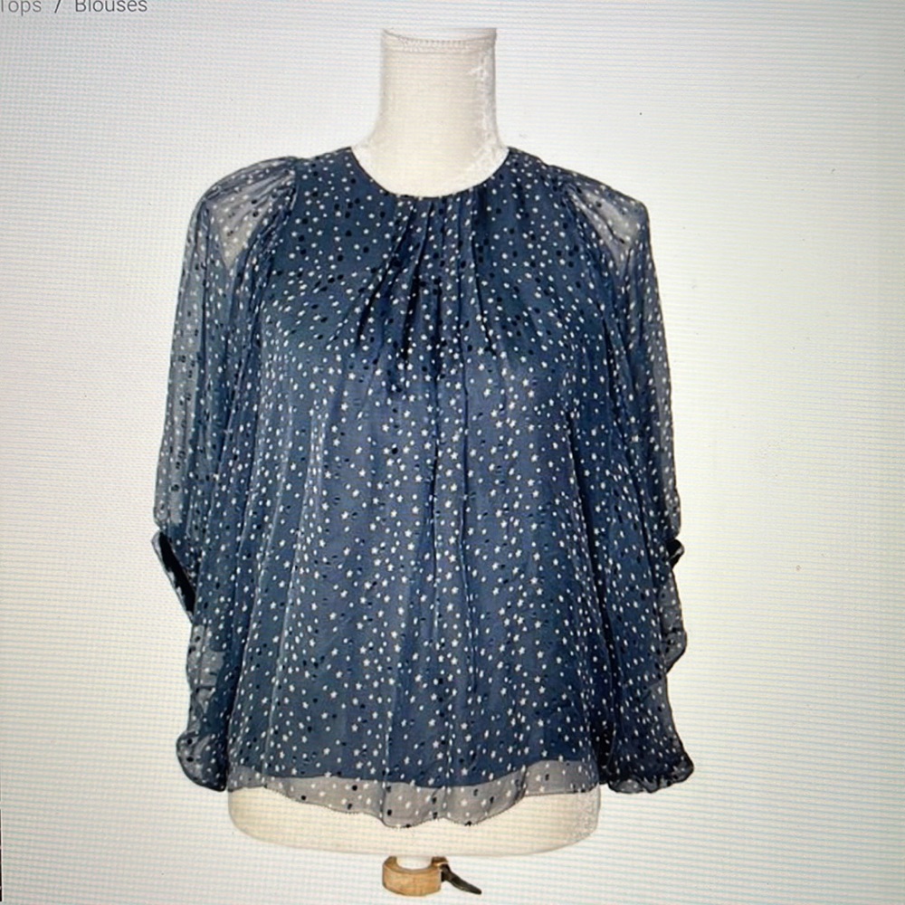 Anthropologie Navy Blue Sheer Polka Dot Blouse